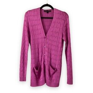 Ralph Lauren Black Label Fuchsia Silk Cable Knit Cardigan Pink Purple Size Large